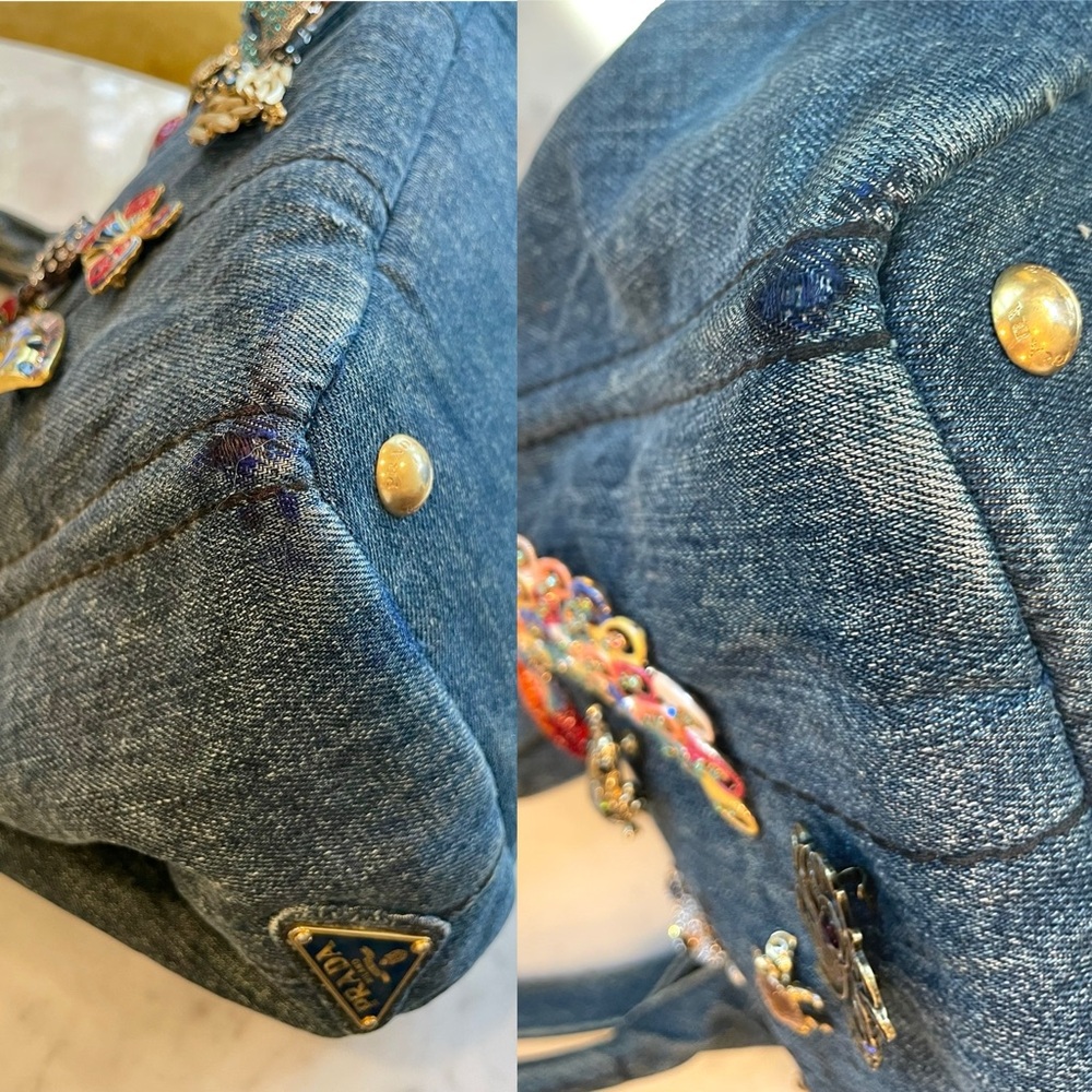 Prada Denim Canapa pre-owned tote embellished w/13 exotic animal brooches, L - Picture 14 of 16